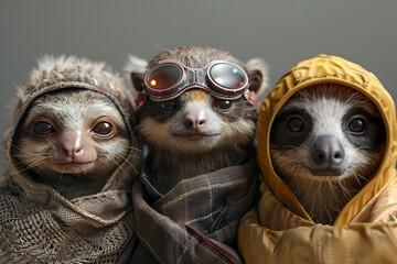 Obraz premium Unlikely Trio of Sloth,Ferret,and Lamb Banding Together Against Pixelated Cyborg Threat in Isolated Cinematic Style