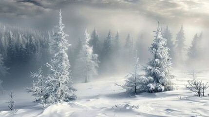 Naklejka premium Snowy forest with foggy sky