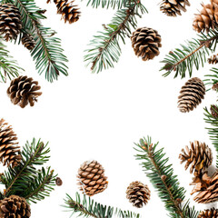pine cones surrounded with fir branches isolated on white background