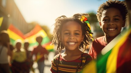 Happy African American Children holding red, green and yellow flag symbolizing Juneteenth Freedom and African liberation day. Black life matters. Black history month.