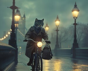 1970s London captured in a scene with a cat dressed in vintage fashion pedaling a retro bike under...