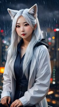 Portrait of blonde asian girl with white fox ears at night rainy city, fantasy anime background 