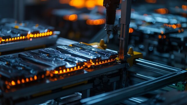close-up perspective of an assembly line manufacturing electric vehicle battery cells at scale, depicting the intricate process of mass production