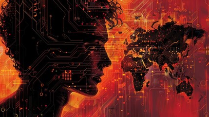 Digital Global Influence: Graphic Illustration of a Man's Head Silhouette with Circuit Board Overlay, Shadowy World Map in the Background