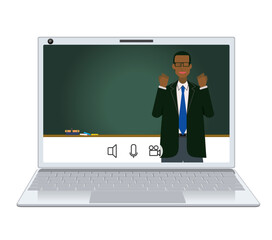 オンライン授業のイメージイラスト　フラットデザインの黒人男性の先生、教授、講師、セミナー - 795948334