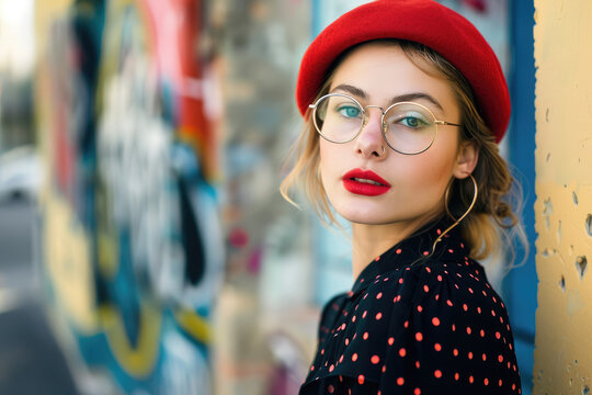 A stylish young woman with brown hair, wearing glasses and a red beret is posing for the camera in a city street.