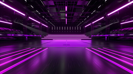 A long, narrow room with purple walls and purple lights