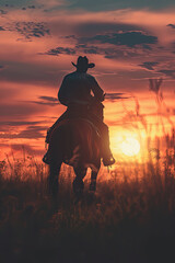 Fototapeta premium Silhouette of Cowboy Riding Across Vast Grassland Horizon