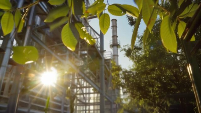 The sunlight filters through the canopy casting a warm glow on the pristine biofuel refinery below. The facility is a symbol of progress and sustainability harnessing the power of .
