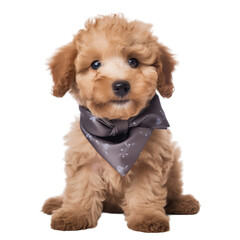 poodle puppy dog ready for eat with a neck napkin isolated on white background
