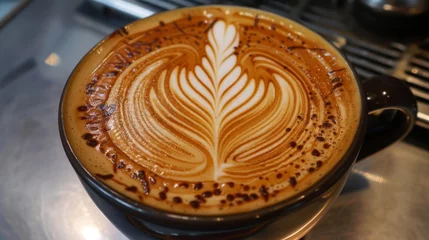 Gordijnen Coffee cup with leaf pattern © 2rogan
