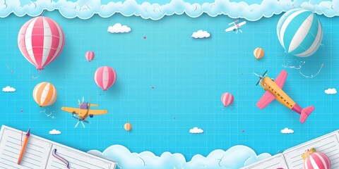 Children's Day with flying colorful 3d paper balloons and airplanes on school notebook background. ballons poster template
