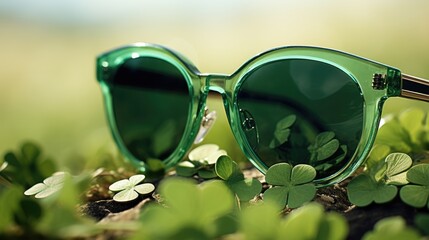 Fashionable Vintage Brown Sunglasses on Top of Lush Four-Leaf Clovers Field Under the Sunlight. St Patricks Day
