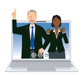 オンライン会議のイメージイラスト　男女二人のフラットデザインの白人男性と黒人女性のビジネスマン
- 795949356