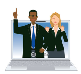 オンライン会議のイメージイラスト　男女二人のフラットデザインの黒人男性と白人女性のビジネスマン
- 795949364