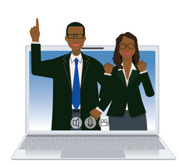 オンライン会議のイメージイラスト　男女二人のフラットデザインの黒人男性と黒人女性のビジネスマン
- 795949380