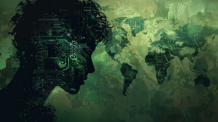 Digital Global Influence: Graphic Illustration of a Man's Head Silhouette with Circuit Board Overlay, Shadowy World Map in the Background