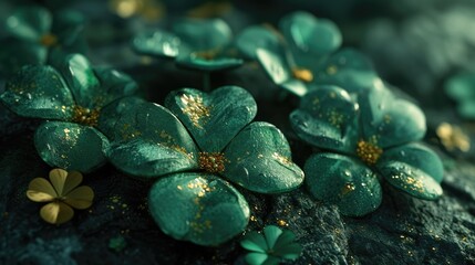 Delicate dewdrop on vibrant green four-leaf clover, stunning natural floral backdrop with soft bokeh. St Patricks Day