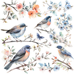 Watercolor illustration set of nightingales on a white background