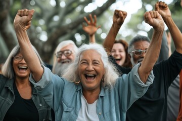 Group of diverse senior friends having fun together. Cheerful elderly people raising their hands and smiling while standing outdoors. - Powered by Adobe