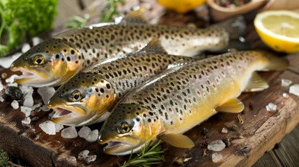 Outdoor kussens Three brown trouts on cutting board with lemons and herbs © 2rogan