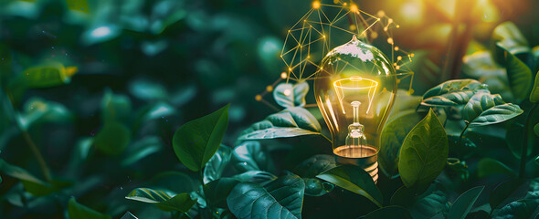 Energy user interface featuring light bulb, graphs, and data visualizations against green leaves backdrop. Sustainable development icons included.