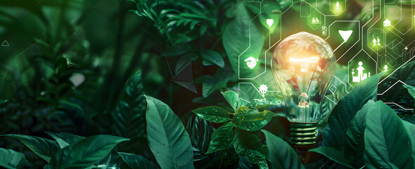 Energy UI featuring light bulb, graphs, and data visualizations set on green leaves background. Sustainable development icons present.