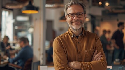 Fototapeta premium Confidence at Work: Portrait of a Smiling Middle-Aged Businessman with Arms Crossed in a Casual Outfit and Glasses, Colleagues Busy in the Background