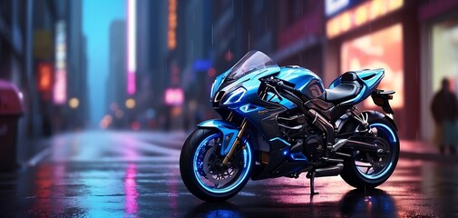 3D rendering of a blue motorcycle in the city at night.