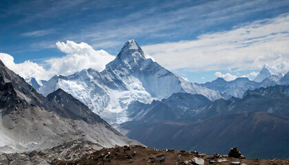 Mount Everest. Everest towering high against the blue sky. Mount Everest, the world's tallest mountain.