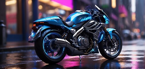 3D rendering of a blue motorcycle in the city at night.