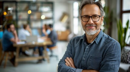 Fototapeta premium Confidence at Work: Portrait of a Smiling Middle-Aged Businessman with Arms Crossed in a Casual Outfit and Glasses, Colleagues Busy in the Background
