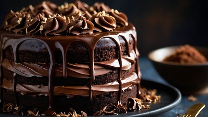 Chocolate cake with cream and chocolate frosting on a wooden table