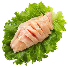 raw chicken fillet on lettuce leaf isolated on white background