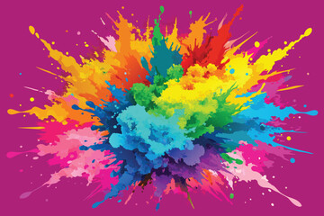 colorful rainbow holi paint color powder explosion vector, isolated wide hot pink panorama background