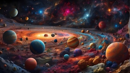a vivid, multicolored view of the universe featuring planets, stars, galaxies, constellations, and...
