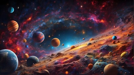 a vivid, multicolored view of the universe featuring planets, stars, galaxies, constellations, and...