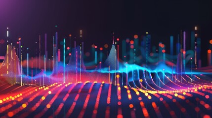 A digital landscape with glowing particles representing data and sound waves. - obrazy, fototapety, plakaty