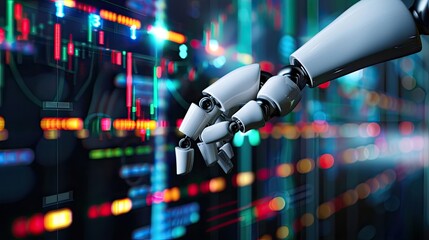 Fototapeta premium A robot hand is touching a digital display with a futuristic background