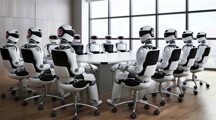A group of robots sit around a conference table. - obrazy, fototapety, plakaty