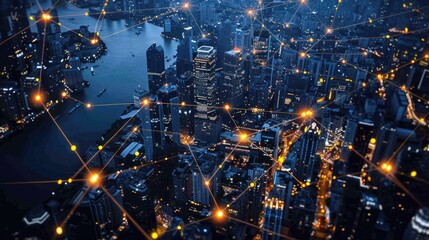 A city at night with a glowing network of connections between the buildings. - obrazy, fototapety, plakaty
