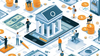 Isometric illustration of people using a banking app on their phones with a bank building in the background - obrazy, fototapety, plakaty