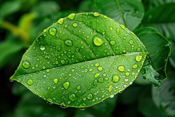 A leaf with water droplets on it. The droplets are small and scattered, giving the impression of a light rain. The leaf is green and he is fresh and healthy - generative ai - obrazy, fototapety, plakaty