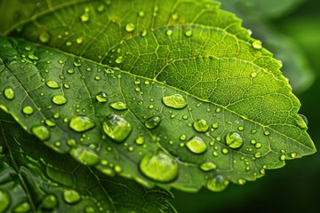 A leaf with water droplets on it. The droplets are small and scattered, giving the impression of a light rain. The leaf is green and he is fresh and healthy - generative ai - obrazy, fototapety, plakaty
