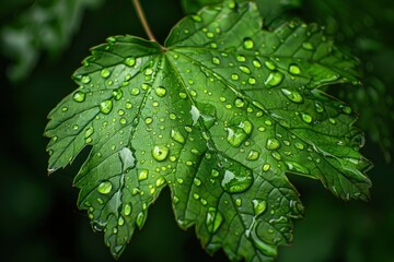 A leaf with water droplets on it. The droplets are small and scattered, giving the impression of a light rain. The leaf is green and he is fresh and healthy - generative ai - obrazy, fototapety, plakaty