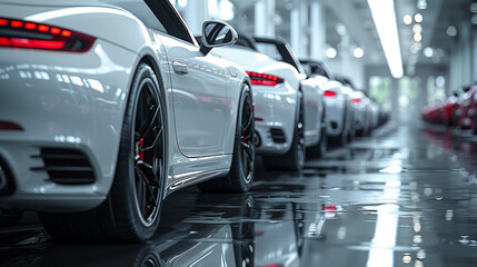 A new white cars in assemble line of a production unit, factory, car showroom, bright colors, photo-realistic, modern - Generative AI.