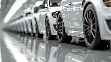 Cars in assemble line of a production unit unfinished, hyper realistic, factory, car showroom, bright colors, photo-realistic, modern - Generative AI