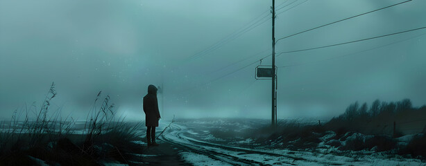 Foggy city at luminous night, 3D rendering. Computer digital drawing a dark and macabre fantasy-themed wallpaper featuring an isolated coastal landscape man standing.