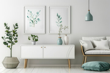 A white wall with black frames on it, each frame containing an abstract print of leaves or geometric shapes in teal and grey tones.