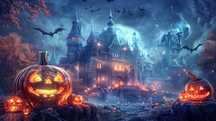 A Halloween scene with a castle and bats flying in the sky. There are two pumpkins on the ground, one of which is smiling - obrazy, fototapety, plakaty